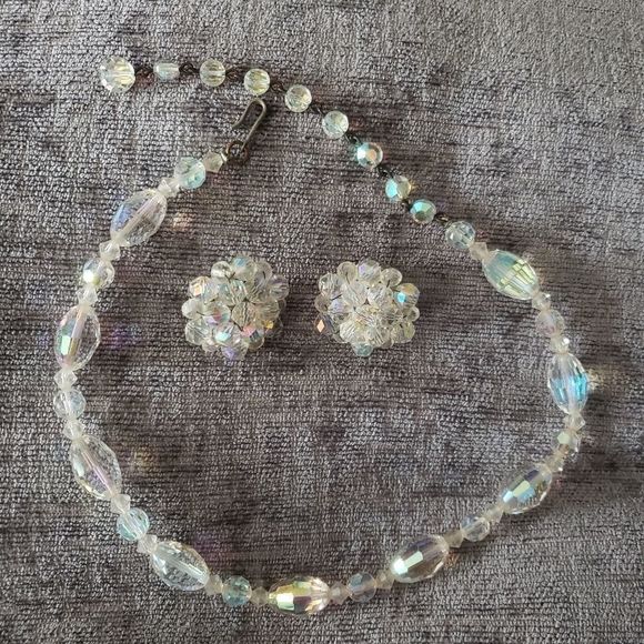 Crystal Aurora Borealis Jewelry - Beautiful Vintage Crystal Choker & Earrings Set
